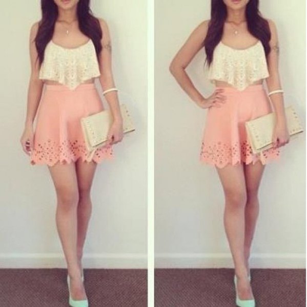 white cropped lace tank top with pink pink high waist mini skater skirt