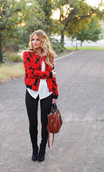 red and black printed jacket with white button up blouse