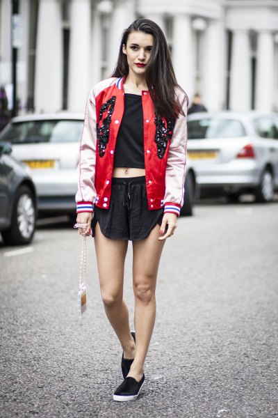 red and pale pink baseball bomber jacket with mini black shorts