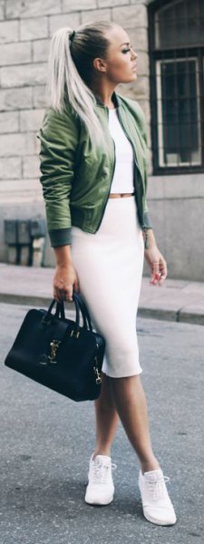 green jacket with white mid-dress in two parts
