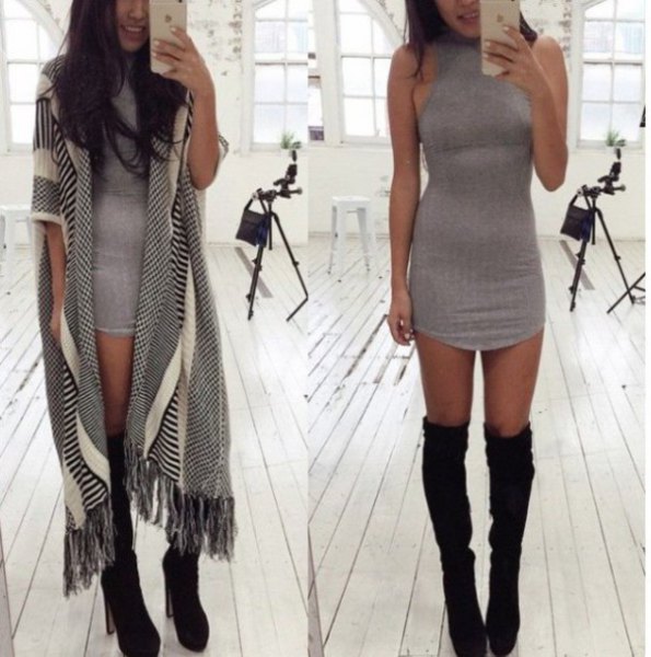 gray mini halter dress with over knee-black boots