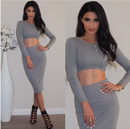 gray bodycon mini dress in two parts with black banded heels