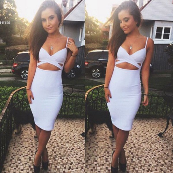 white deep V-cut in front in two midi bodycon dresses