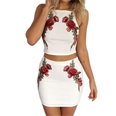 floral white halter embroidered dress in two parts