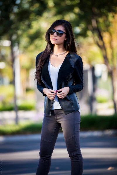 black velvet blazer with gray moto jeans