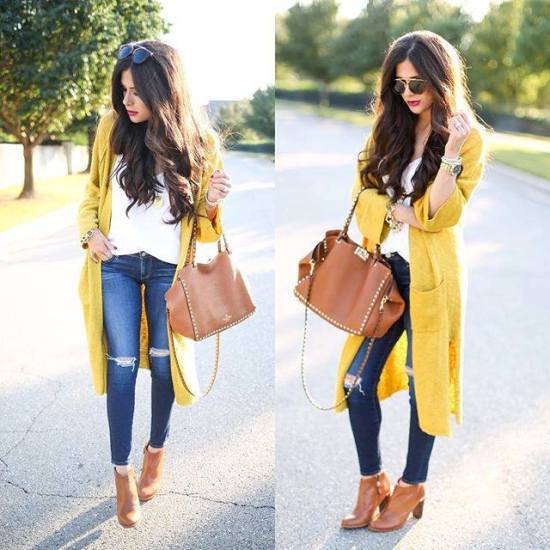 mid-length cardigan with blue skinny jeans and camel boots