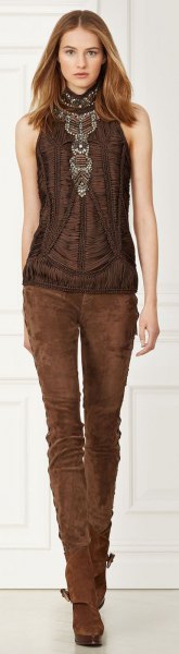 brown halter top with suede skinny jeans