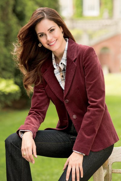 brown blazer with pink and white checkered button up shirt
