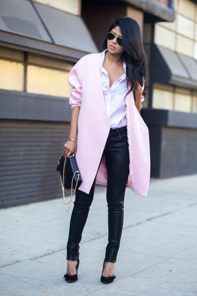 black coated jeans with light gray long-line wool coat