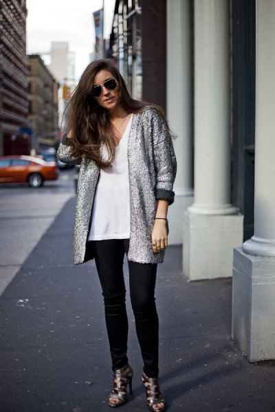 light heather gray sweater jacket with black coated jeans