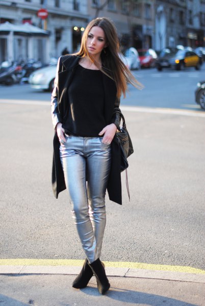 black longline blazer with silver metallic jeans