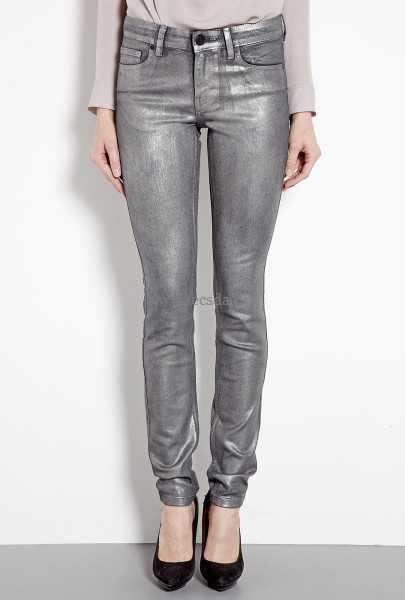 gray long sleeve tee with silver metallic jeans