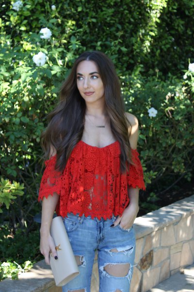 red cold shoulder lace top with ripped boyfriend jeans