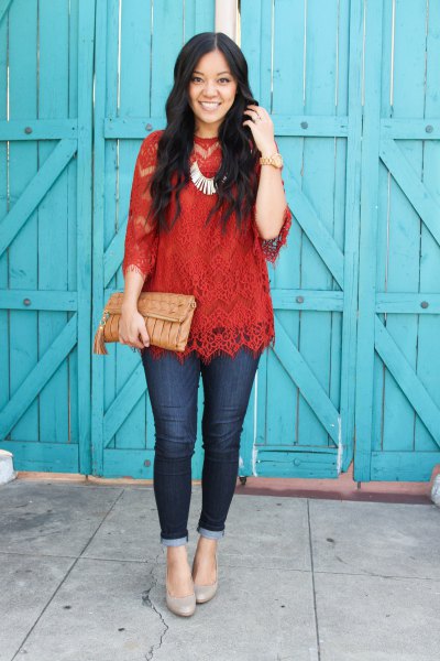 red lace top with three blocks of silver necklace
