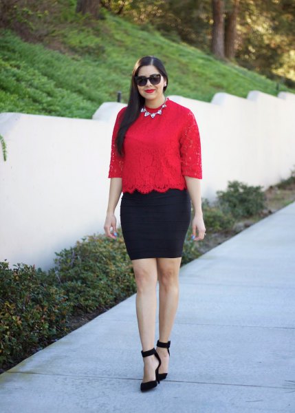 red half-heated combed top with black pencil skirt