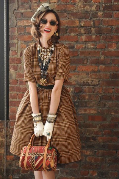 chocolate checkered fit and flare vintage midi dress
