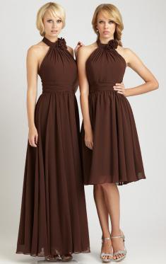 halter fit and flare pleated brown dress