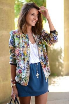 yellow and blue floral printed bomber jacket with blue mini skirt