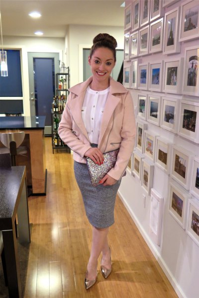 pink gold leather jacket with heather gray pencil skirt