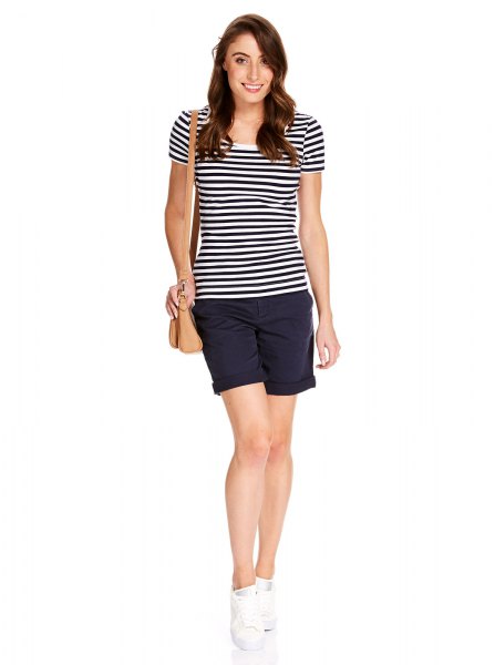 black and white striped t-shirt with navy blue mini shorts