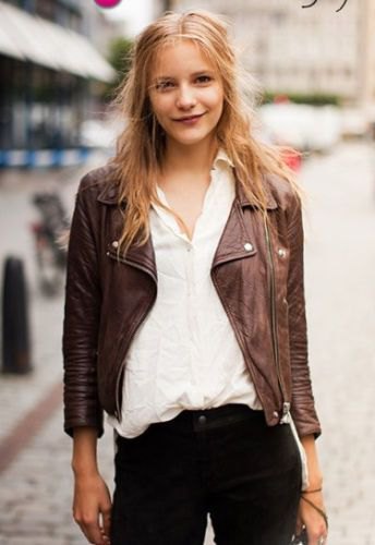 leather jacket with white linen button and black jeans