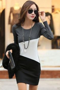 gray white and black color block long sleeve bodycon mini dress