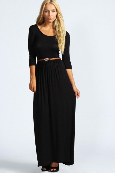 black three-quarter sleeved dress with belt in maxi