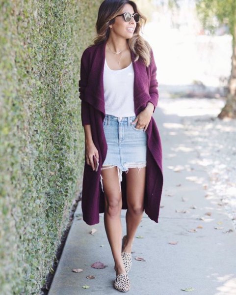 long purple cardigan with white top with bucket neck vest and denim skirt