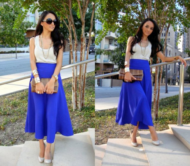 white top with shoe neck with royal blue maxi-extended skirt