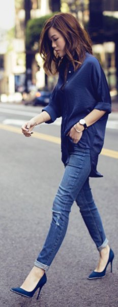 navy blue cuff with relaxed fit with matching ballet heels