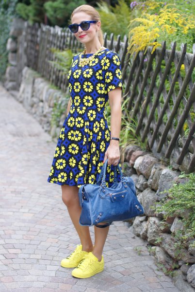 yellow blue and black short sleeve mini skater dress