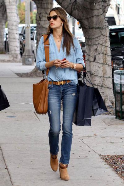 chambray shirt with jeans and red belt