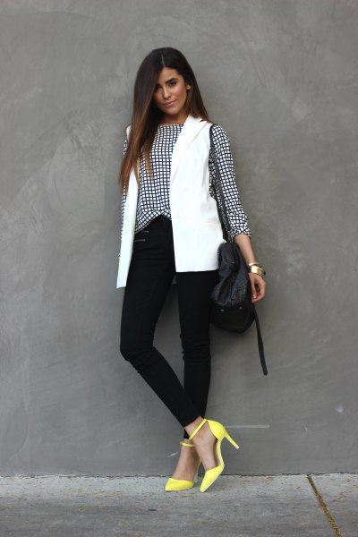 checkered shirt with white vest and yellow heels