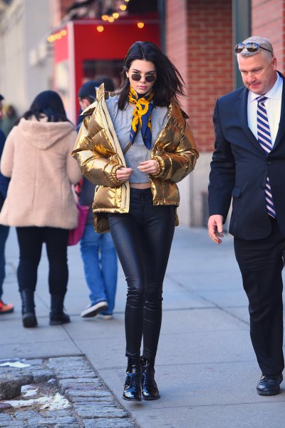 gold metallic down jacket with leather clothing