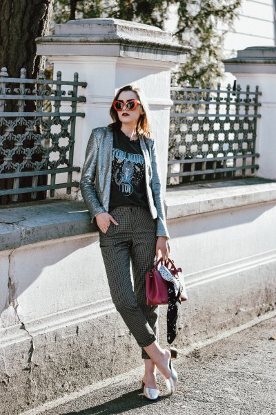 silver blazer with black print tee and plaid cropped pants