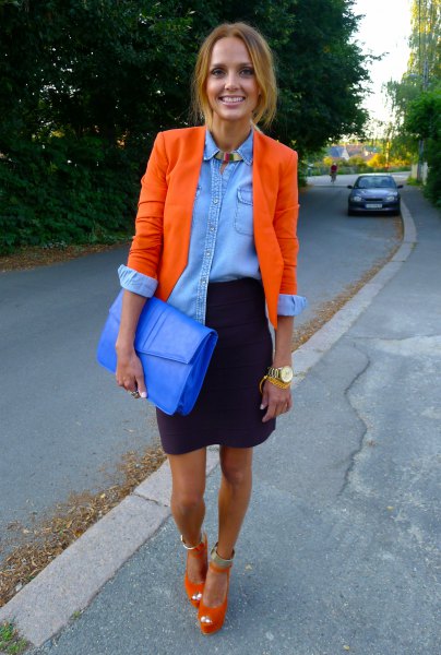 orange blazer with blue chambray shirt and black mini skirt