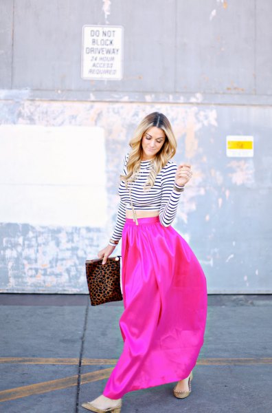 black and white striped cropped tee with hot pink maxi skirt