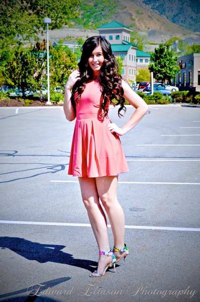 light pink skater dress with multicolored heels