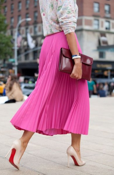 red sweater with warm pink maxi pleated skirt