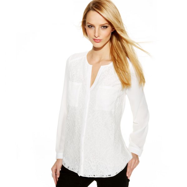 white no collar shirt with black jeans