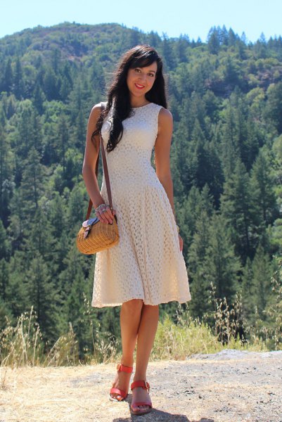 cream sleeveless fit and flare crocheted lace midi dress