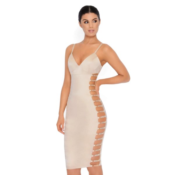 white deep v-neck bodycon mini dress with several cut-out side details