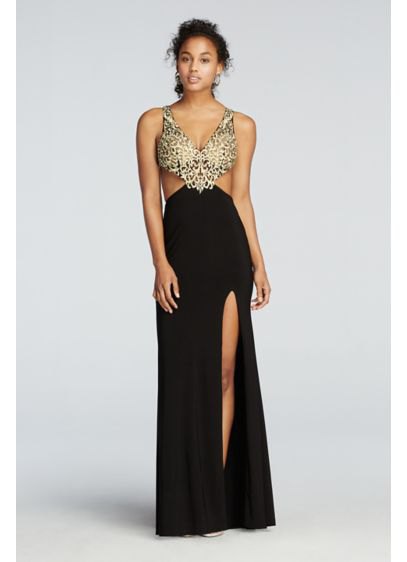 two toned sequins and chiffon side cut out maxi fit and flare dress