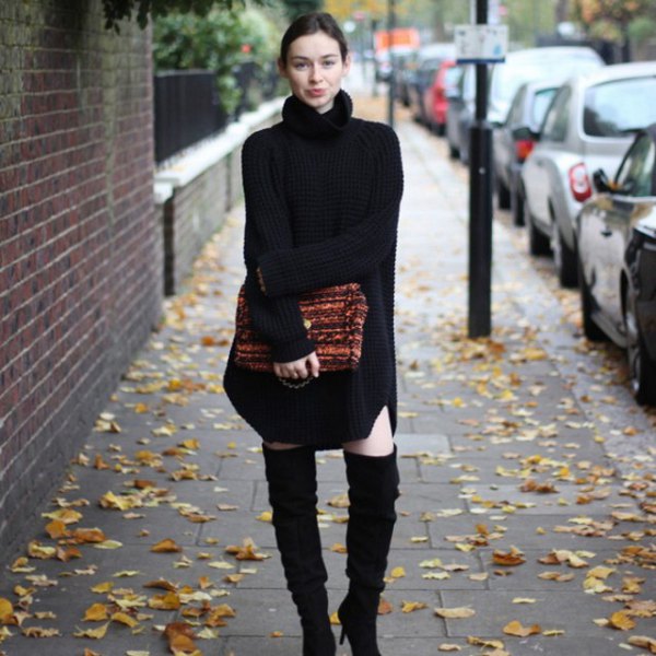 black turtleneck sweater dress with high suede heels boots