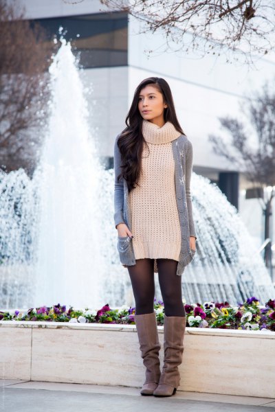 white turtleneck sweater dress with gray long cardigan
