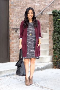 gray long cardigan with black and white tribal printed mini dress