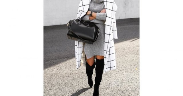 white plated long-line wool coat with black boots in black thigh