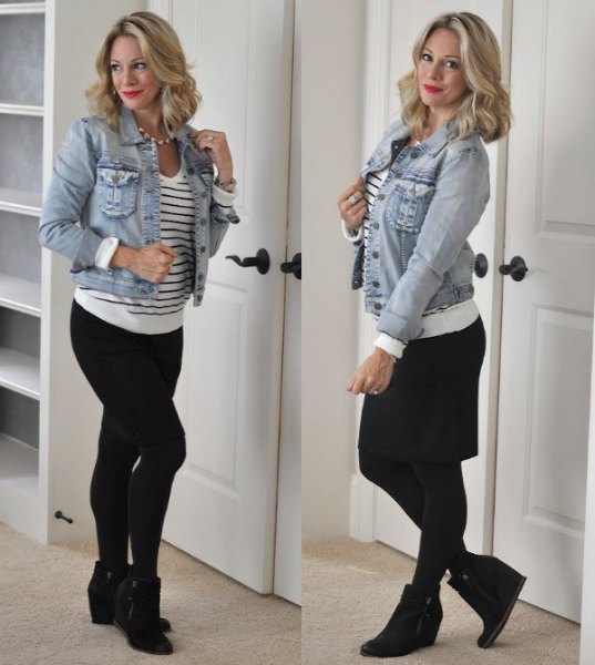 blue denim jacket with white and black striped sweater and wedge boot