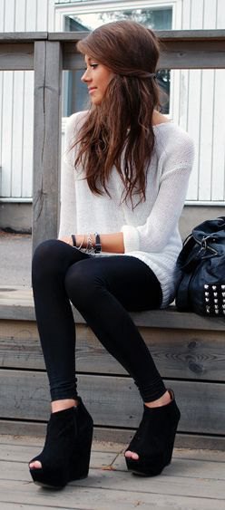white sweater dress with leggings and black boots with open toe wedge