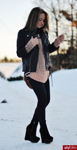 black leather jacket with crepe crocheted sweater and ankle boots